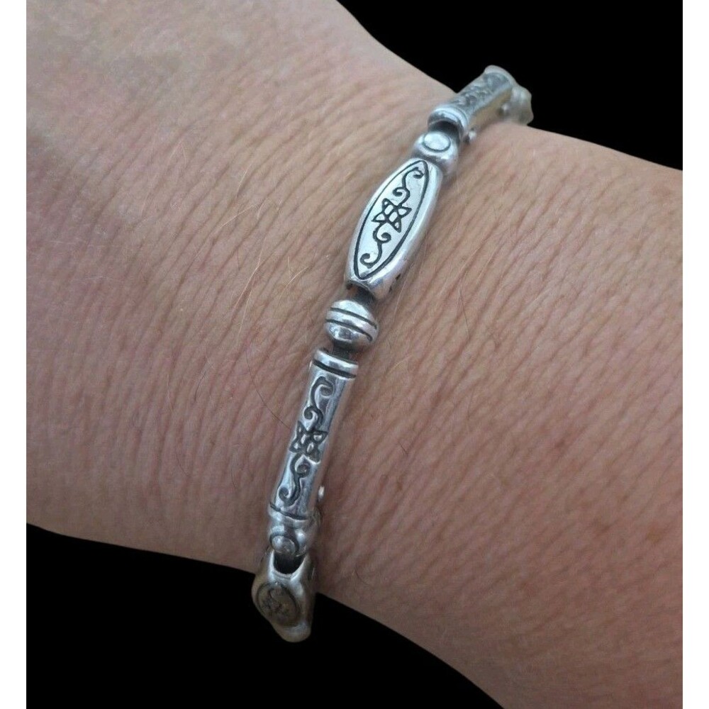 Vintage Brighton Pompeii Link Bracelet Carved Silver Tone 7.5" 8.5" RARE